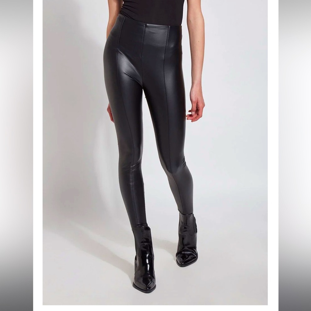 Lysse black faux leather leggings - hi waist, vegan, front and back seamed